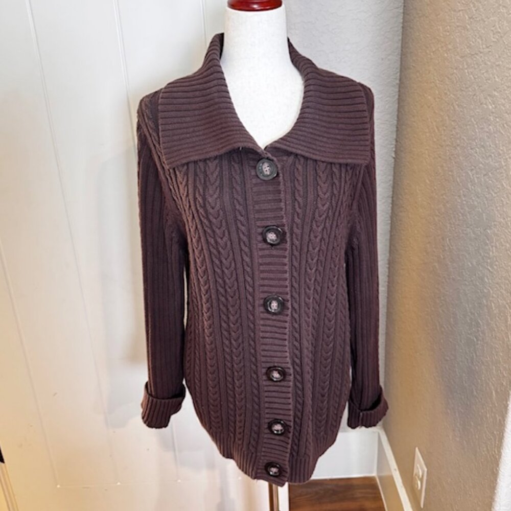Karen Scott Brown Cable Knit Button Front Cardigan Sweater Women’s XL 100% Cott